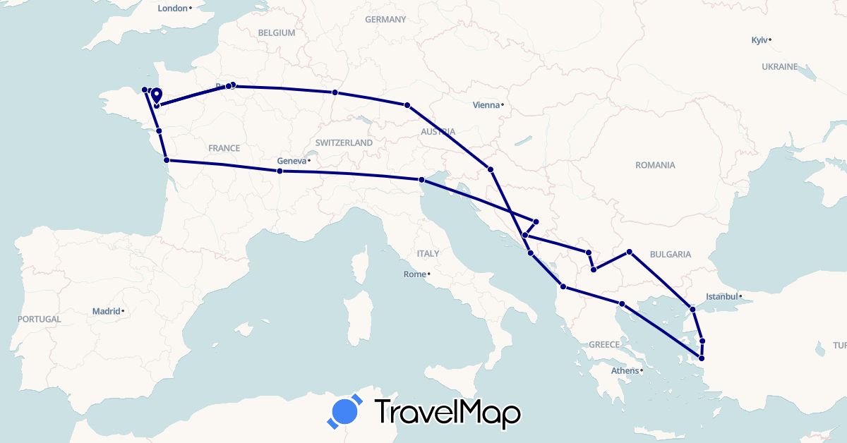TravelMap itinerary: driving in Albania, Bosnia and Herzegovina, Bulgaria, Germany, France, Greece, Croatia, Italy, Macedonia, Turkey, Kosovo (Asia, Europe)